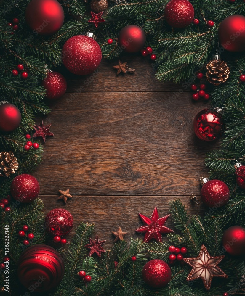 Christmas background with decorations along the edges. Christmas tree branches, gold glitter balls, stars, and garland. Flat lay, top view on a dark background with copy space. Christmas background with decorations along the edges. Christmas tree branches, gold glitter balls, stars, and garland. Flat lay, top view on a dark background with copy space.