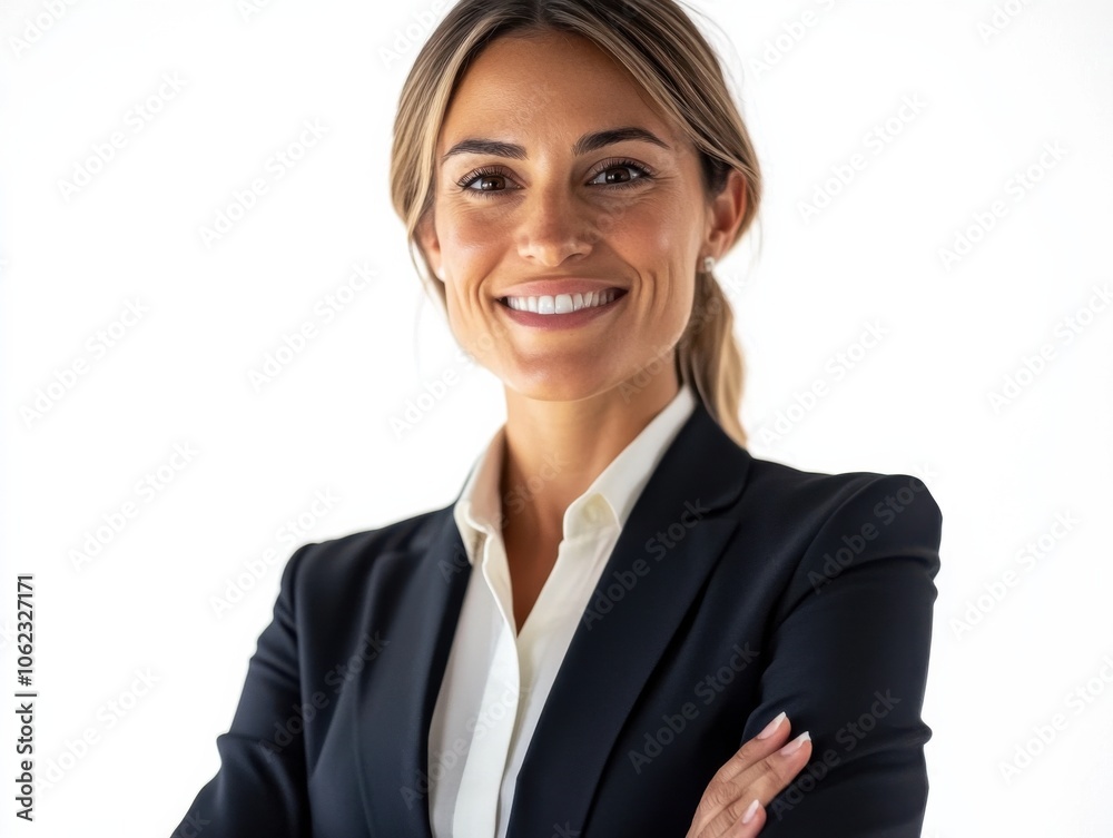 A young woman smiles confidently with her arms crossed. She is dressed in a professional suit, exuding a positive and empowering vibe against a plain background. A young woman smiles confidently with her arms crossed. She is dressed in a professional suit, exuding a positive and empowering vibe against a plain background.