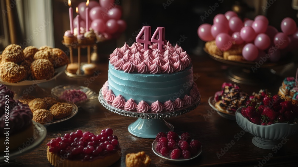 A delicious blue and pink birthday cake with pink candles that say 44 on a wooden table surrounded by desserts, berries, and pink balloons. A delicious blue and pink birthday cake with pink candles that say 44 on a wooden table surrounded by desserts, berries, and pink balloons.