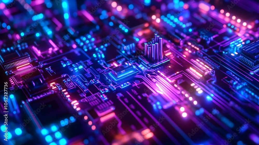 A detailed futuristic circuit board with glowing blue and purple neon lights highlighting the interconnected pathways. A detailed futuristic circuit board with glowing blue and purple neon lights highlighting the interconnected pathways.