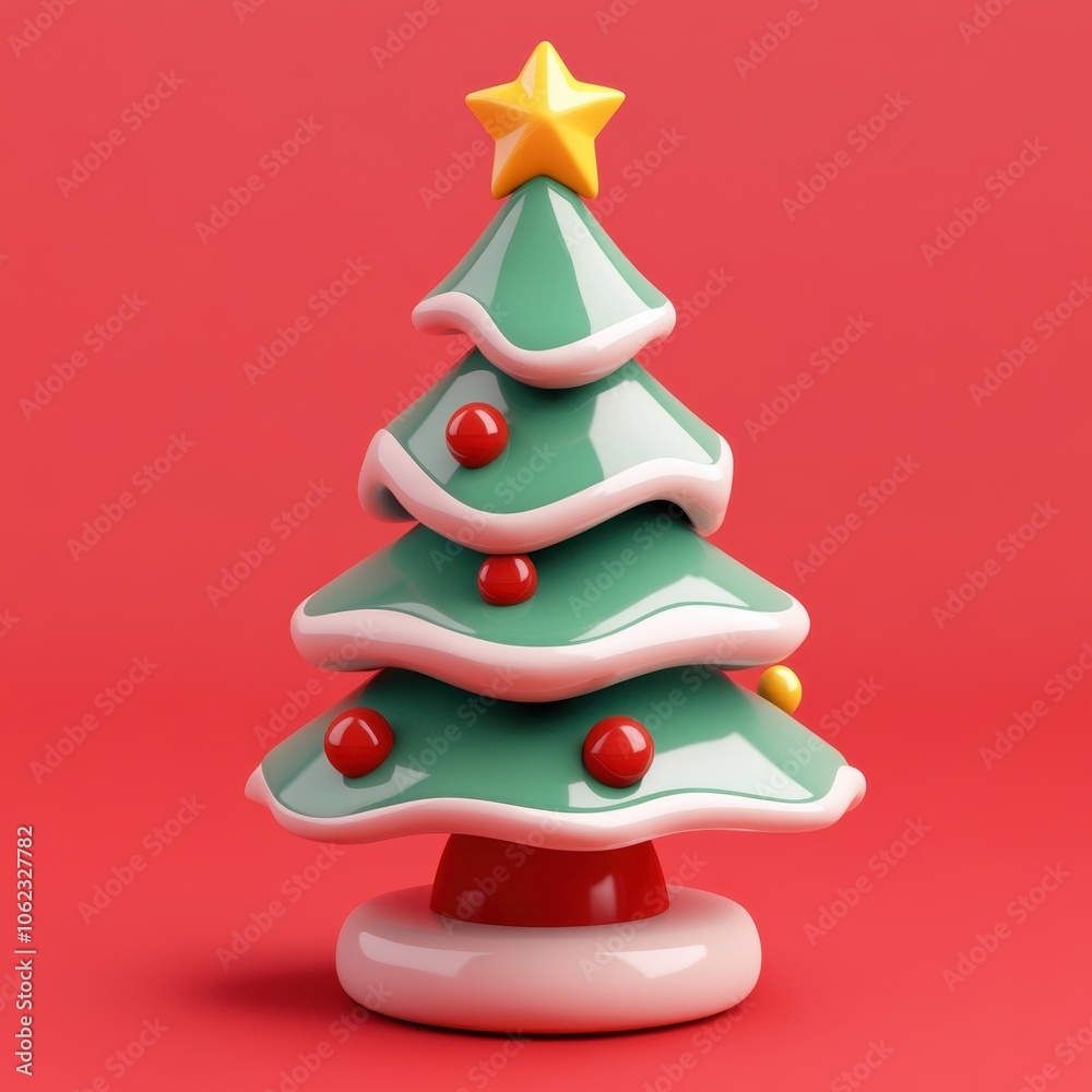 Whimsical Ceramic Christmas Tree with Star Topper on Red Background Whimsical Ceramic Christmas Tree with Star Topper on Red Background
