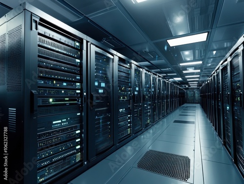 A cinematic 8k image depicting a data center server room with rows of illuminated servers under soft lighting, creating a futuristic and organized atmosphere.