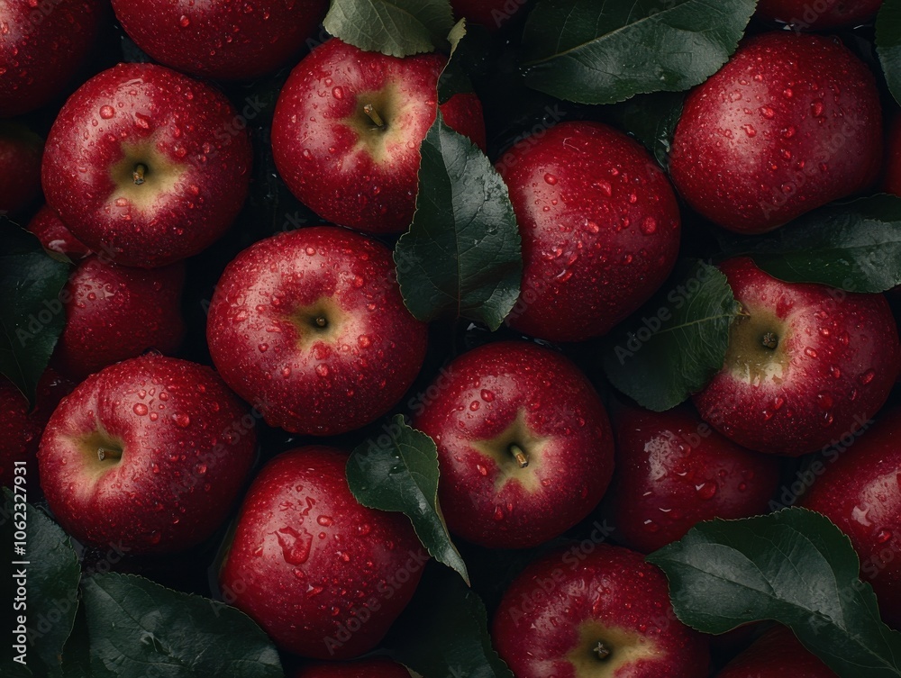 A vibrant close-up of fresh red apples with dew droplets, surrounded by lush green leaves, showcasing a natural and appetizing look. A vibrant close-up of fresh red apples with dew droplets, surrounded by lush green leaves, showcasing a natural and appetizing look.