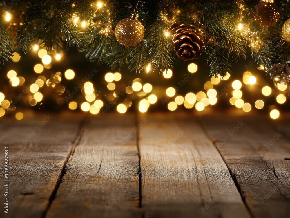 The image features a rustic wooden table with a festive Christmas theme in the background, adorned with lights, baubles, and a warm glow.