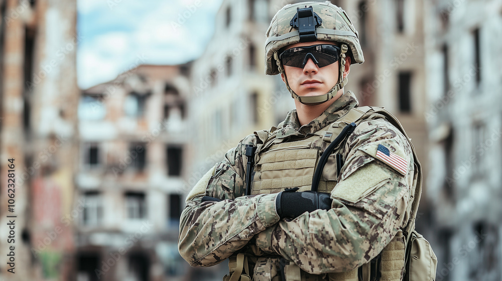 Fototapeta premium American military man in beige uniform, body armor, and helmet standing against a background of a destroyed city with copy space
