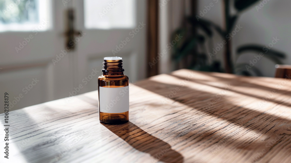 A small amber glass bottle with a blank label stands on a wooden table, illuminated by a warm sunlight, casting a light shadow. A small amber glass bottle with a blank label stands on a wooden table, illuminated by a warm sunlight, casting a light shadow.