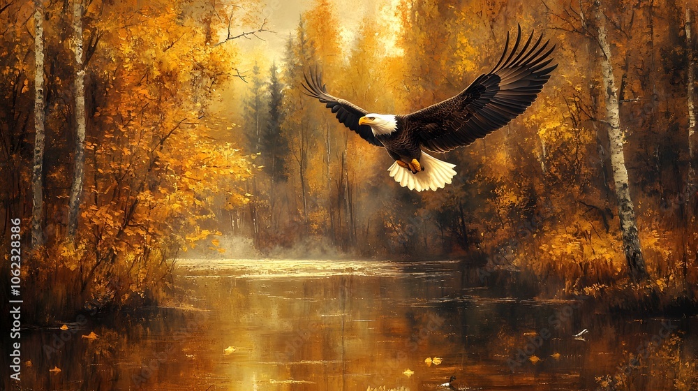 Fototapeta premium A majestic bald eagle soaring over the autumnal forest and lake, with its wings spread wide as it flies gracefully in mid-flight