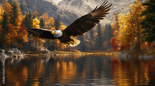 A majestic bald eagle soaring over the autumnal forest and lake, with its wings spread wide as it flies gracefully in mid-flight