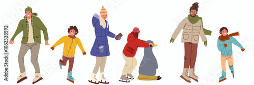People set skating on ice rink. Family on skates, winter holiday skating activity. Christmas time outdoor. Flat vector characters. Hand drawn illustration.