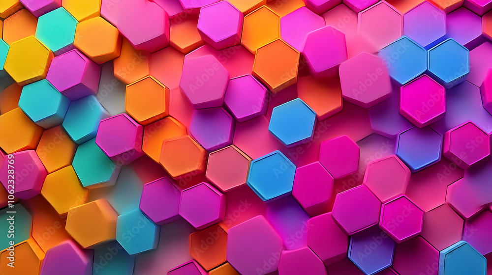 A composition of pink, purple, and orange hexagons stacked together to form a vivid and vibrant geometric abstract design. A composition of pink, purple, and orange hexagons stacked together to form a vivid and vibrant geometric abstract design.