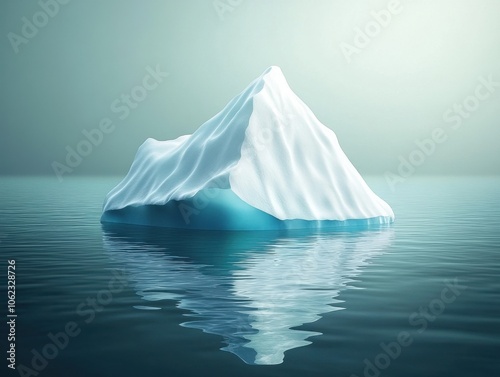 A serene iceberg floats on calm polar waters, captured in a cinematic 8k resolution. The icy structure reflects subtly on the water's surface against a misty backdrop.