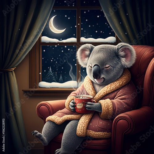 A koala sits in a cozy chair, wrapped in a warm robe, holding a steaming mug by a snowy window with a crescent moon on a quiet winter night. Perfect for themes of winter warmth and holiday coziness.