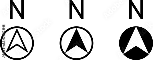 Basic Black Round North Mark Arrow Sign Symbol in Circle Icon Set for Map or Site Plan Orientation. Vector Image.