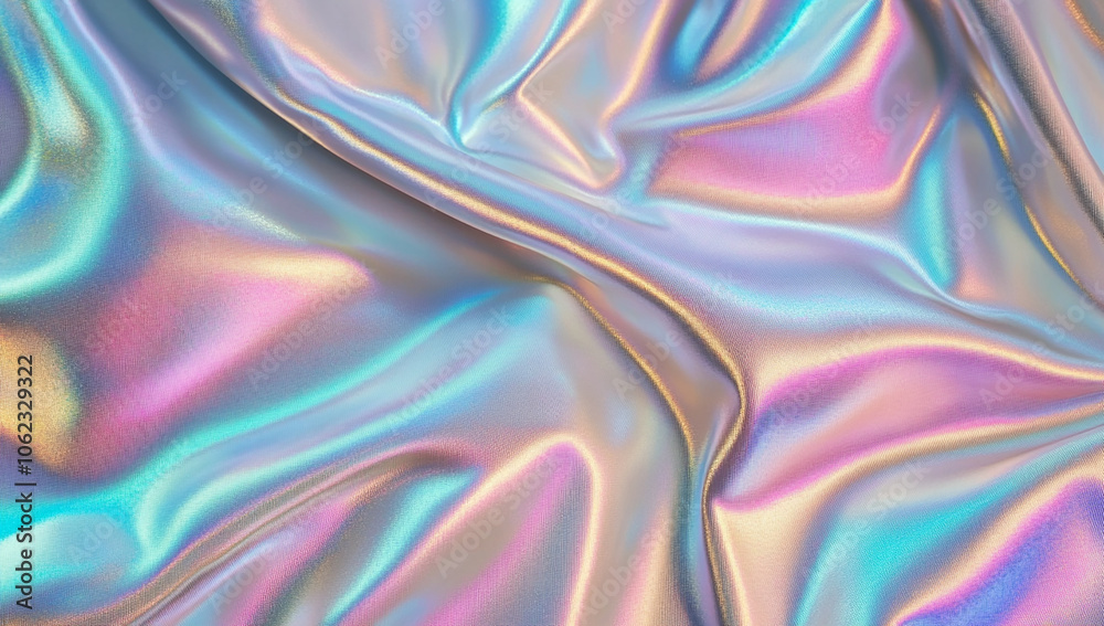 Obraz premium Holographic, silver, iridescent hologram cloth background. Shiny, reflective surface effect with light pastel colors