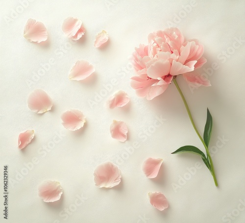 Single Pink Peony Flower with Scattered Petals