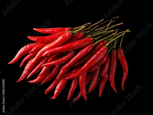 A vibrant cluster of red chili peppers against a dark background, showcasing their glossy texture and intense color.