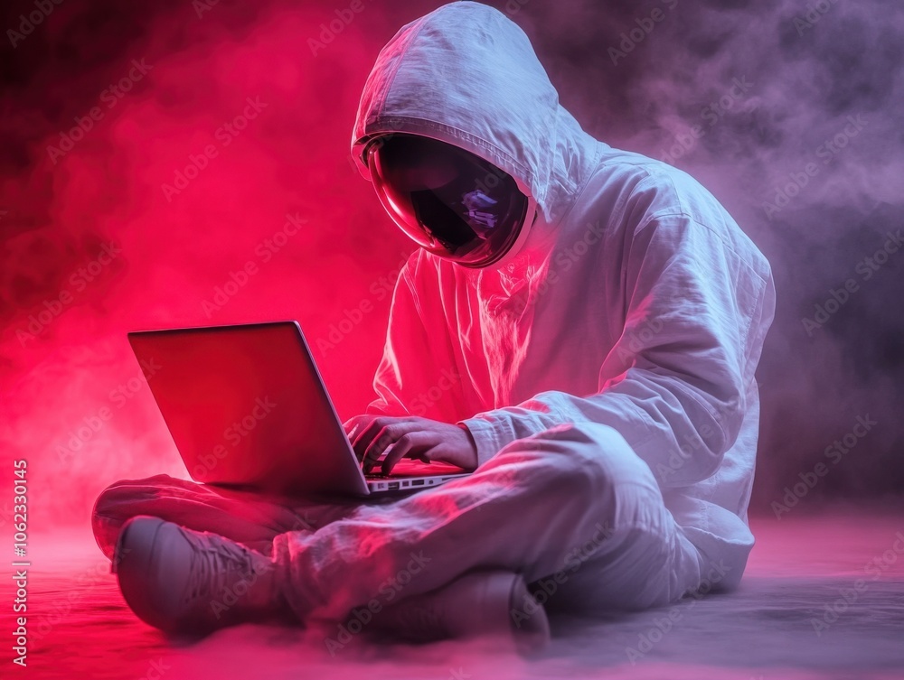 An astronaut in a space suit is sitting on the ground in a dreamy atmosphere, using a laptop surrounded by misty red and pink hues. An astronaut in a space suit is sitting on the ground in a dreamy atmosphere, using a laptop surrounded by misty red and pink hues.