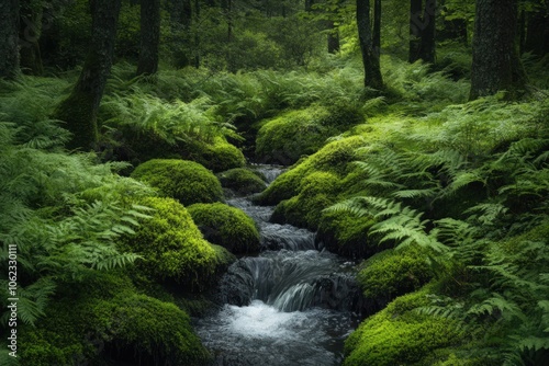 Serene forest scene with a gentle stream flowing through, surrounded by lush green moss and ferns