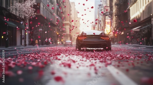 A car driving down a city street, with rose petals covering the ground and floating in the air, giving a realistic, dreamy effect.  photo