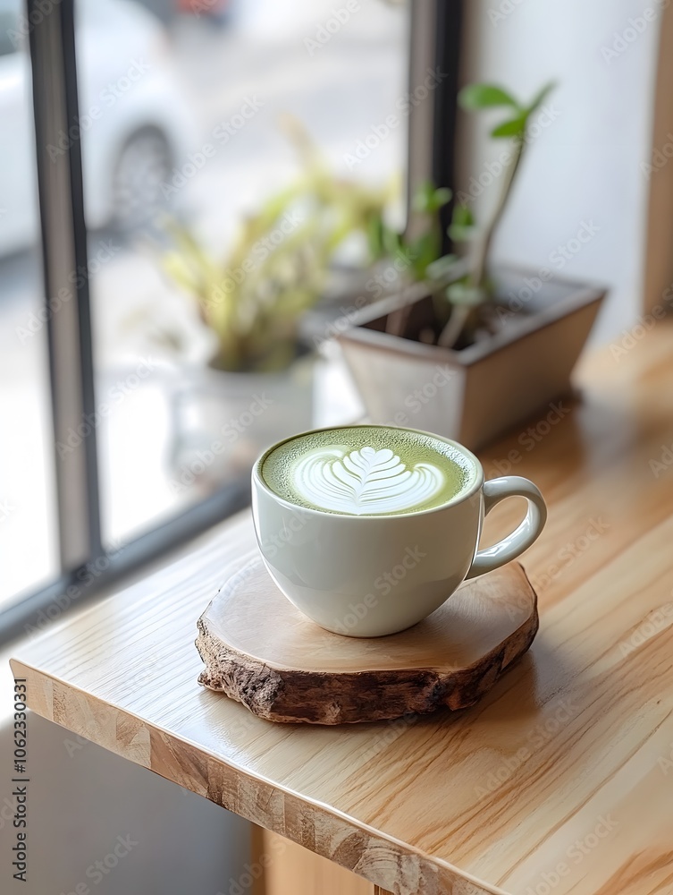 Fresh Matcha Latte in Modern Cafe Setting Fresh Matcha Latte in Modern Cafe Setting