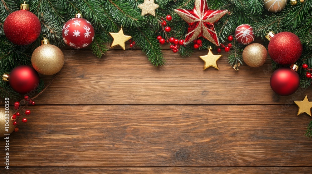 Christmas background with decorations along the edges. Christmas tree branches, gold glitter balls, stars, and garland. Flat lay, top view on a dark background with copy space. Christmas background with decorations along the edges. Christmas tree branches, gold glitter balls, stars, and garland. Flat lay, top view on a dark background with copy space.