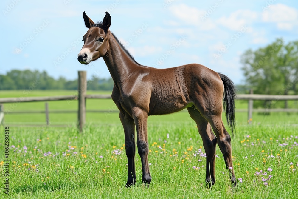 Curious foal standing in a field with wildflowers Curious foal standing in a field with wildflowers