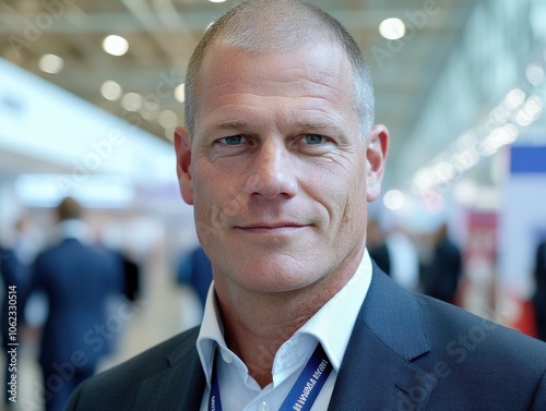 A confident businessman at a trade fair, with a blurred background of bustling attendees. The scene conveys a professional and vibrant atmosphere. photo