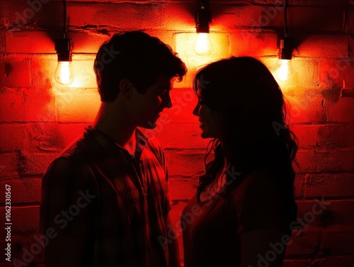 A couple stands silhouetted against a brick wall glowing with warm red lights, creating a romantic and intimate atmosphere.