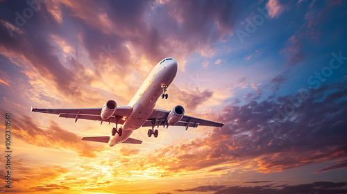 Serene Sunset Silhouette of an Airplane in Flight