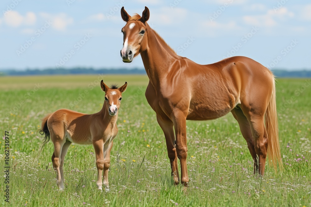 Young foal with mother in wildflower-dotted field Young foal with mother in wildflower-dotted field