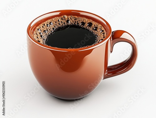 A glossy brown coffee cup filled with black coffee, isolated on a white background, showcasing a simplistic and modern aesthetic.