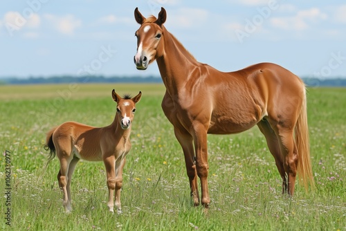 Young foal with mother in wildflower-dotted field