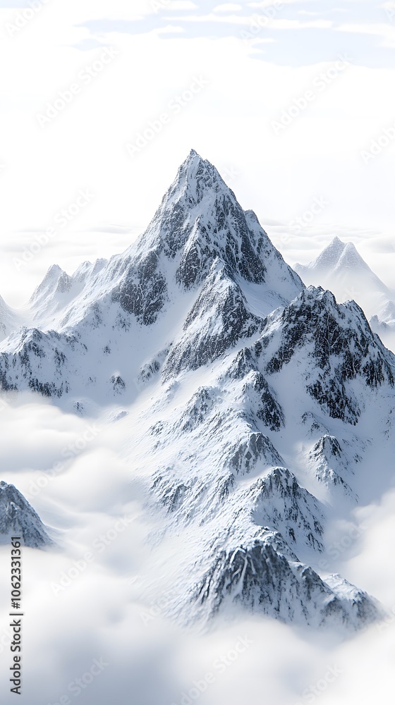 3D mountain range with snow on the peaks, simple white background, minimalist style 3D mountain range with snow on the peaks, simple white background, minimalist style