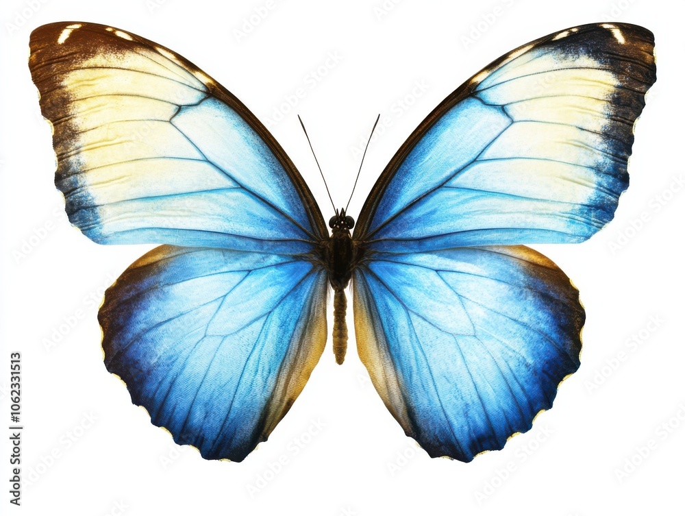 A stunning light blue and yellow butterfly with wings fully spread, showcasing intricate patterns. The image has a bright and vivid appearance. A stunning light blue and yellow butterfly with wings fully spread, showcasing intricate patterns. The image has a bright and vivid appearance.