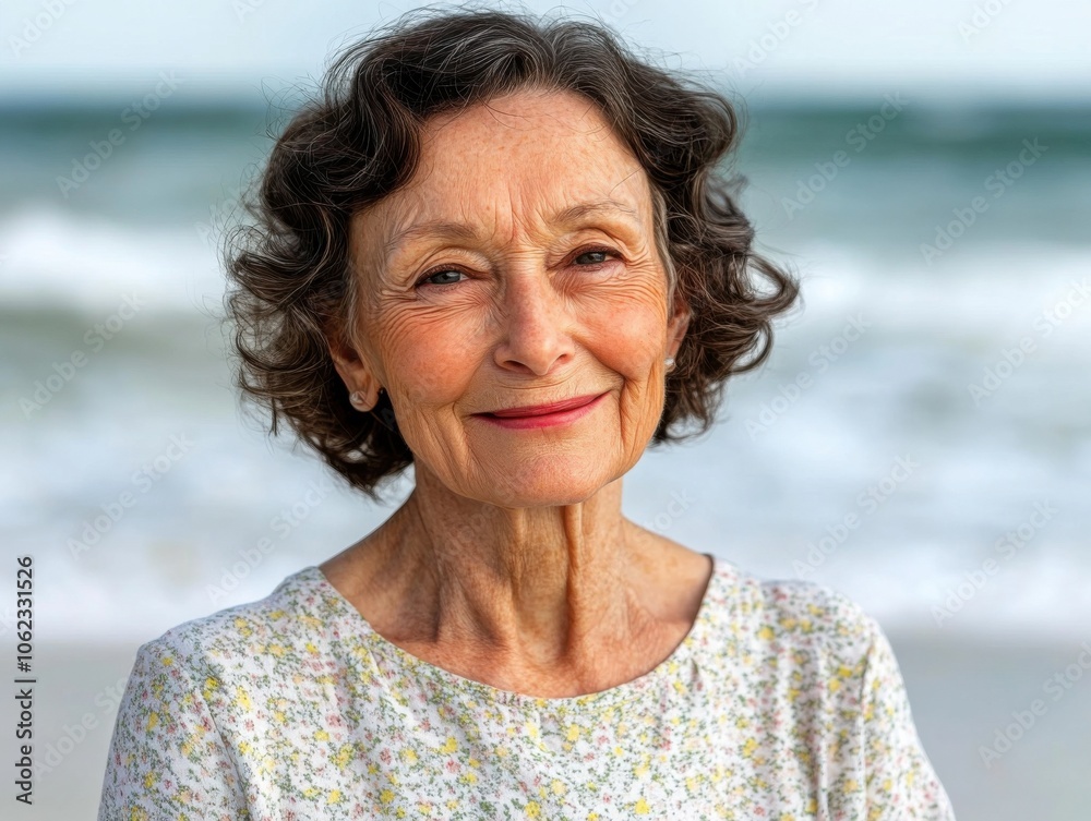 A mature woman with a warm smile stands at the beach, her short, curly hair framing her face. The background showcases gentle ocean waves under a clear sky. A mature woman with a warm smile stands at the beach, her short, curly hair framing her face. The background showcases gentle ocean waves under a clear sky.