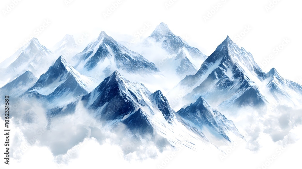 Obraz premium 3D mountain range with snow on the peaks, simple white background, minimalist style