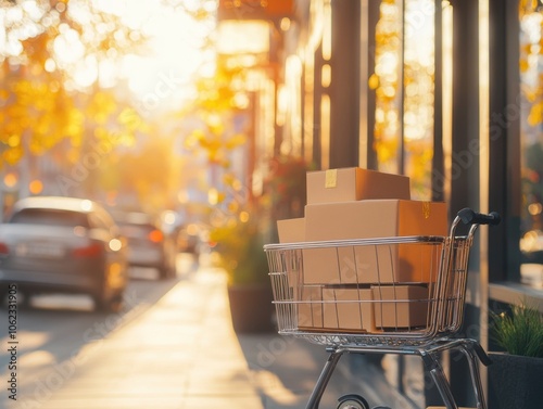 A trolley carrying cardboard boxes is on a sunlit city street, suggesting themes of logistics and distribution in an urban environment. photo