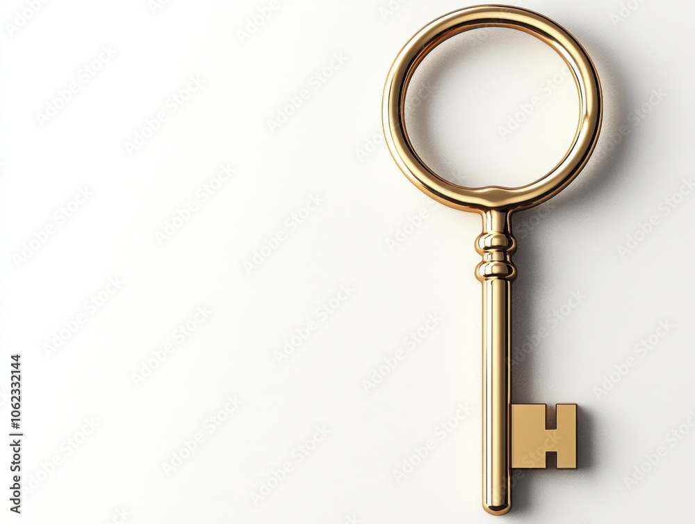 A shiny, golden key is isolated on a white background, showcasing its intricate design and luxurious appearance. A shiny, golden key is isolated on a white background, showcasing its intricate design and luxurious appearance.