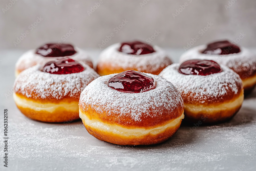 Jewish-style doughnuts with jam on top, covered in powdered sugar Jewish-style doughnuts with jam on top, covered in powdered sugar