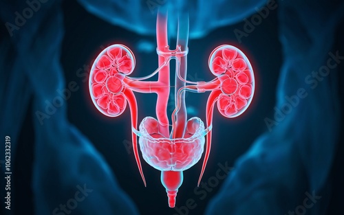 3D Illustration of Human Kidneys and Urinary System.
