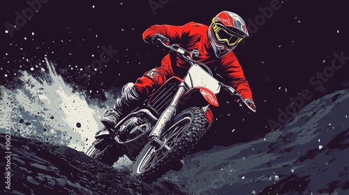 A motocross rider in a red jacket captured in action, perfect for a t-shirt design.  photo