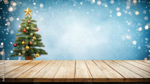 Festively decorated Christmas tree with ornaments beside a wooden table under a snowy blue background during the holiday season