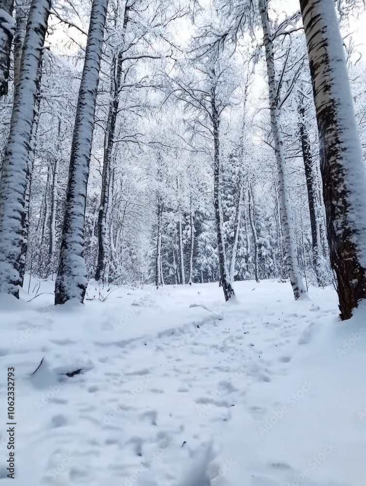 The scene reveals a peaceful forest path covered in pristine snow, surrounded by snow-laden trees and the stillness of wintertime beauty. The scene reveals a peaceful forest path covered in pristine snow, surrounded by snow-laden trees and the stillness of wintertime beauty.