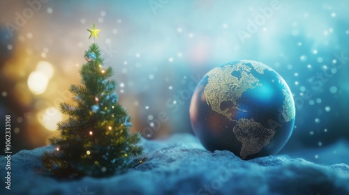 A Christmas tree stands beside a globe, surrounded by snow and sparkling lights, representing global celebration during the holiday season