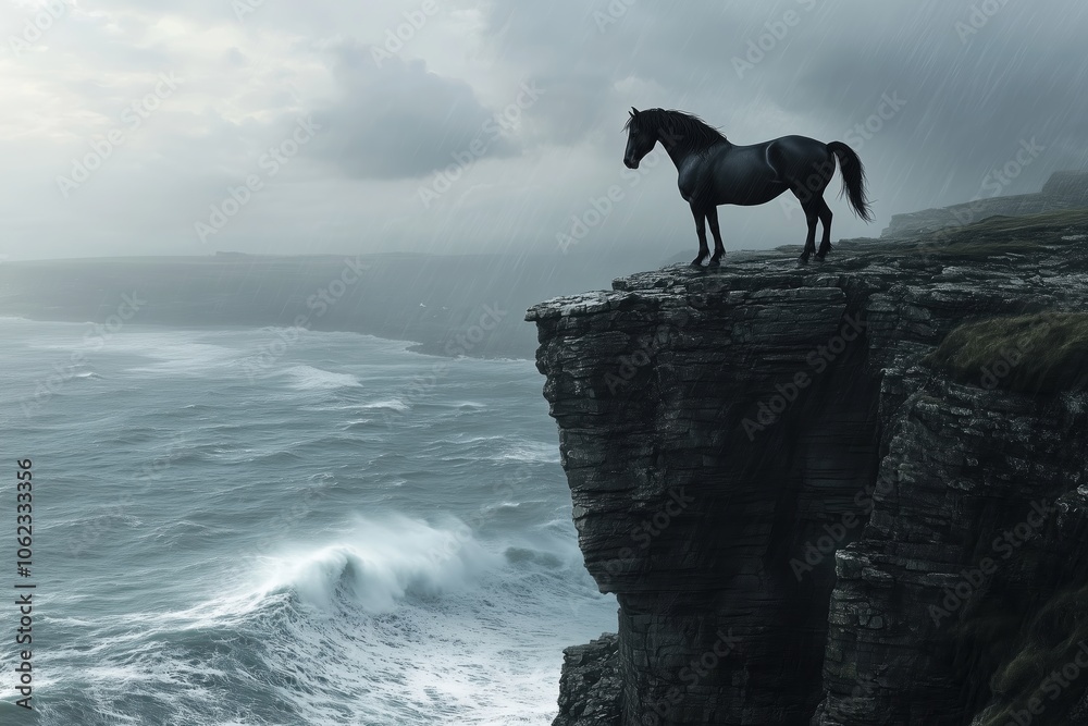 Horse’s mane blowing on cliff overlooking powerful ocean waves Horse’s mane blowing on cliff overlooking powerful ocean waves