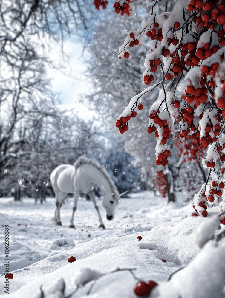 Φωτογραφία A majestic white unicorn grazes quietly in a winter wonderland, surrounded by snow-covered trees and vibrant red berries