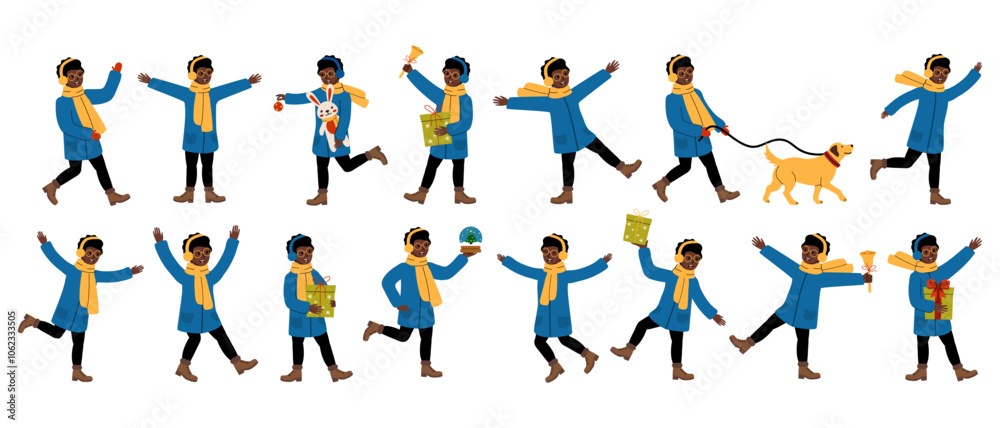 A joyful child in a blue coat and yellow scarf enjoys winter activities with a dog and festive items A joyful child in a blue coat and yellow scarf enjoys winter activities with a dog and festive items