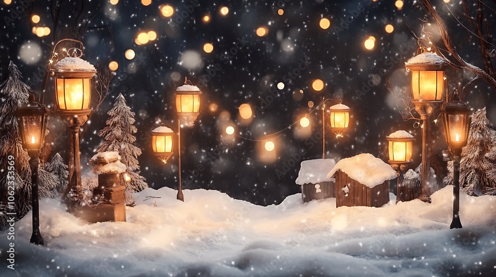 Christmas snowy scene with lanterns Christmas snowy scene with lanterns