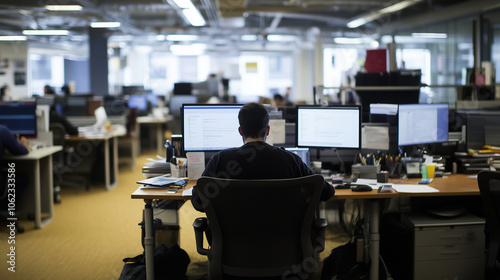 A worker feeling isolated, sitting alone at their desk in a bustling office