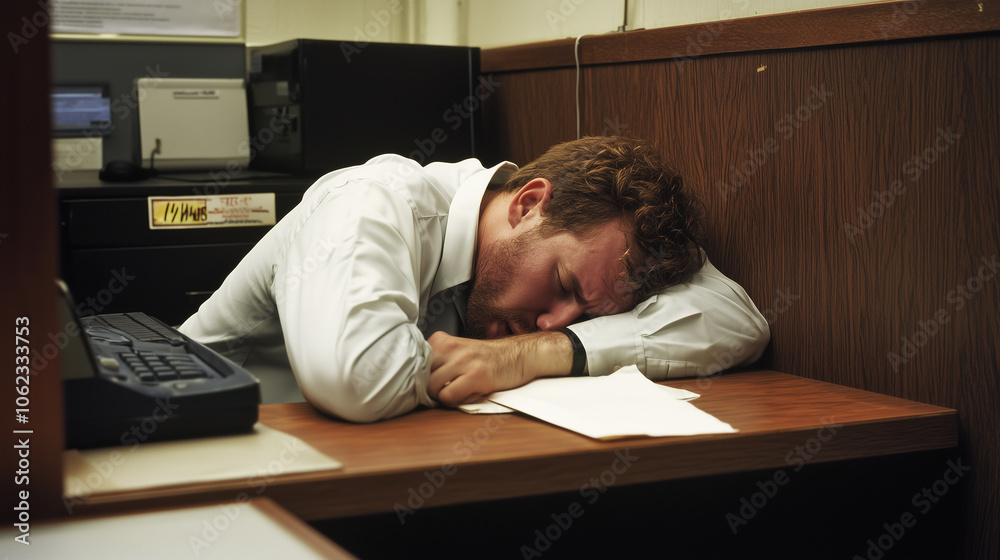 An employee experiencing burnout, resting their head on their desk An employee experiencing burnout, resting their head on their desk